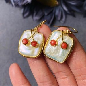 Gold plated rectangular pearl coral earring